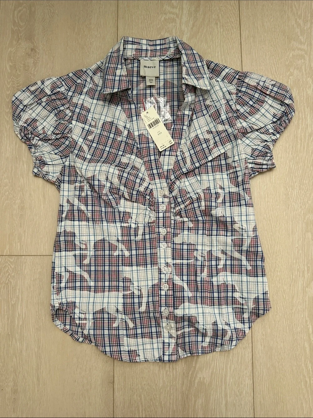 Maeve White Plaid Dog Puff-Sleeve Button Front Blouse